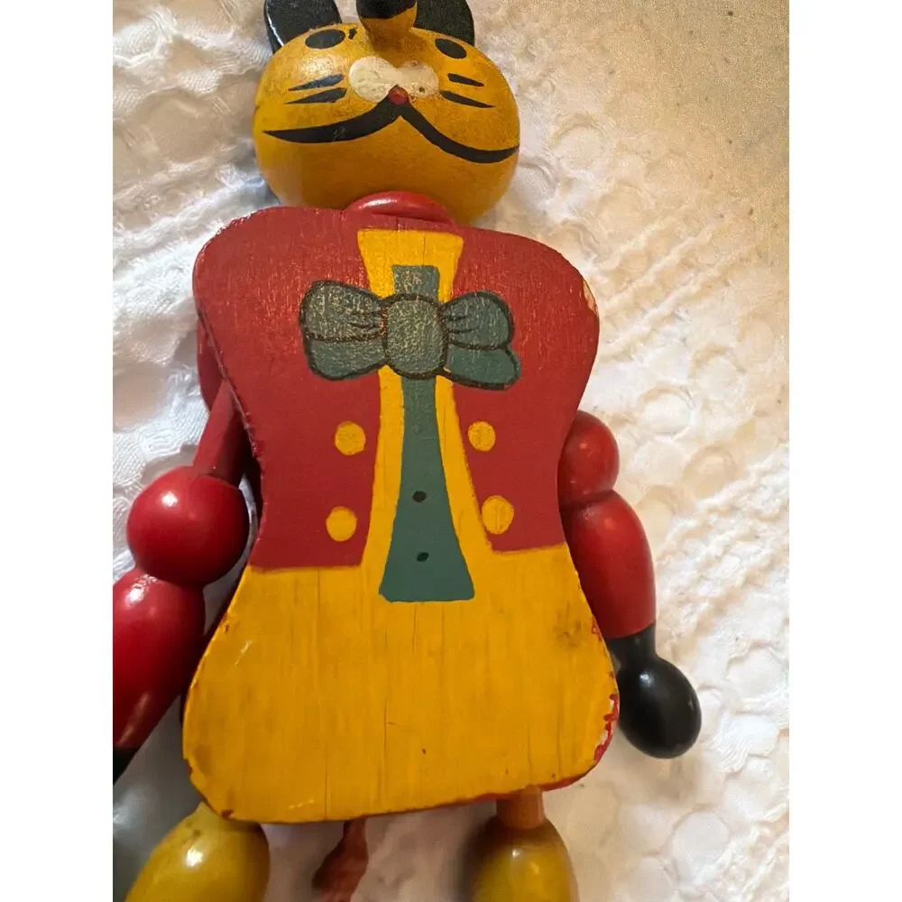 Vintage Wooden Jumping Jack Cat Pull String Hand Painted Folk Art Toy 7
